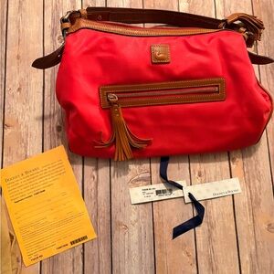 Dooney & Bourke Red Nylon Shoulder Bag with Tan Leather Trim and Tassel